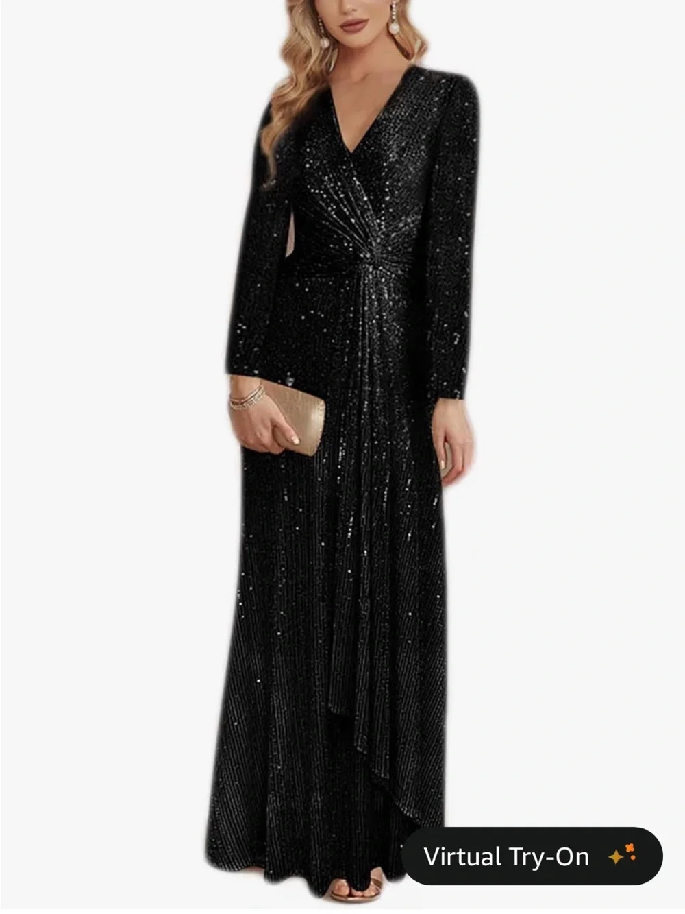 NWT Meilun Long Sleeve Black Sequin V-Neck Evening Dress Formal Size Large Maxi